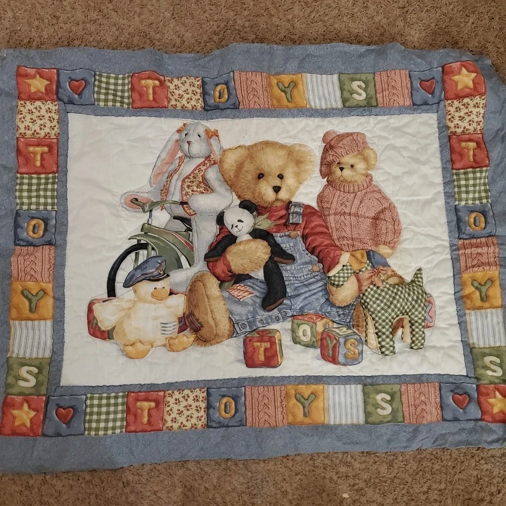 Quilted Blue Jean Teddy Bear Blocks Quilt Baby Blanket Wall Hanging‎ + Sheet